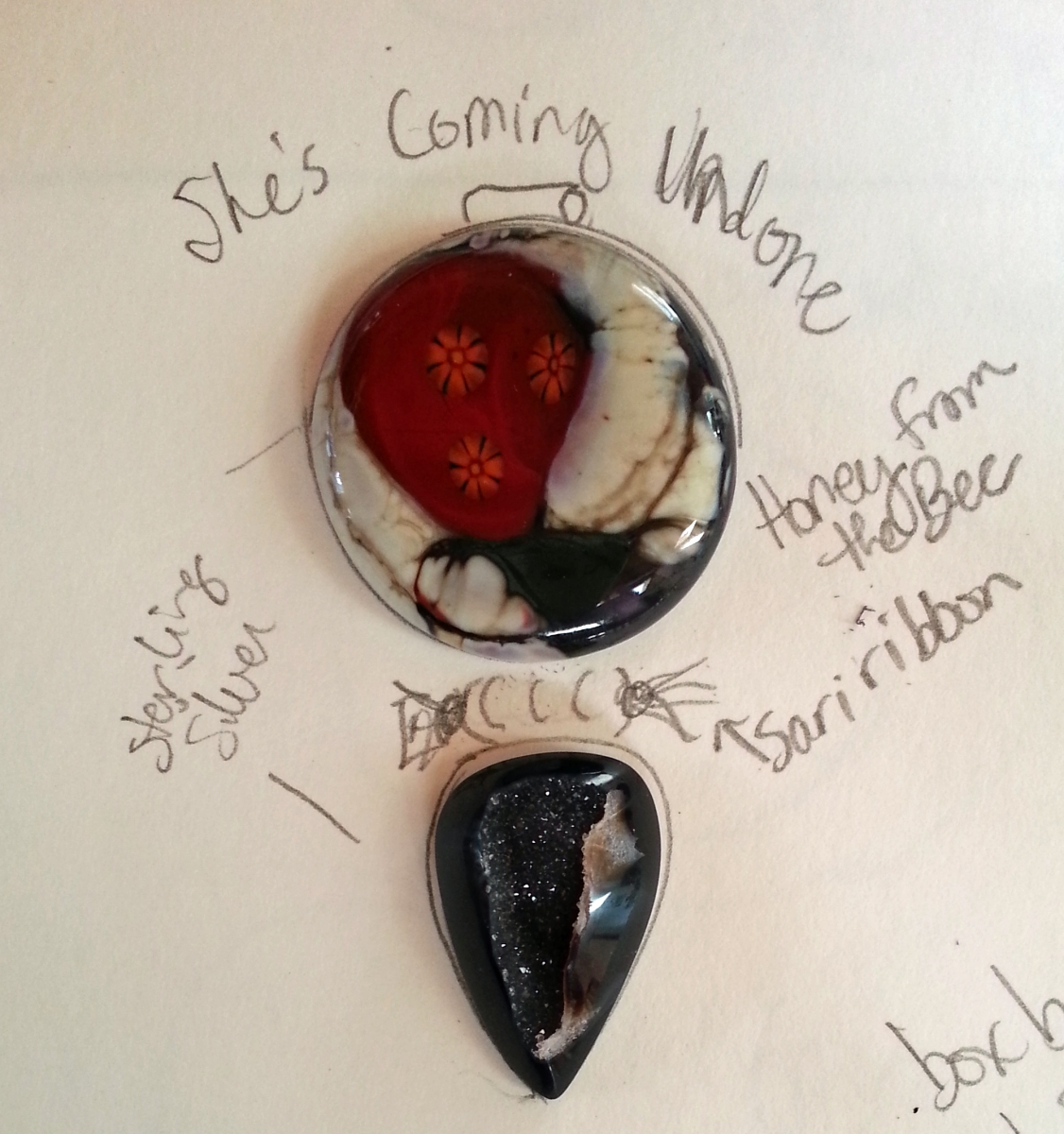 Glass Cabochon and Druzy necklace sketch by Honey from the Bee