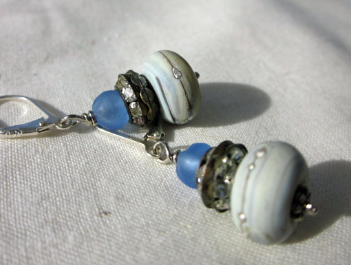 White Lampwork with Blue glass earrings by Honey from the Bee