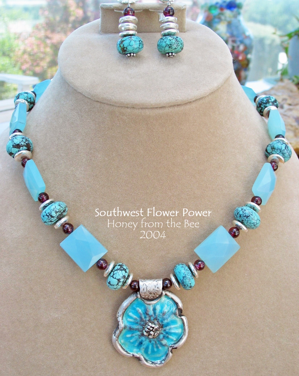 Enameled focal with chalcedony, turquoise and fine silver artisan necklace by Honey from the Bee