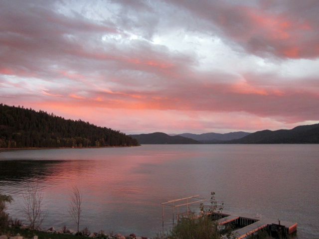 Sunset over Lake Pend Oreille, Monarchs in background