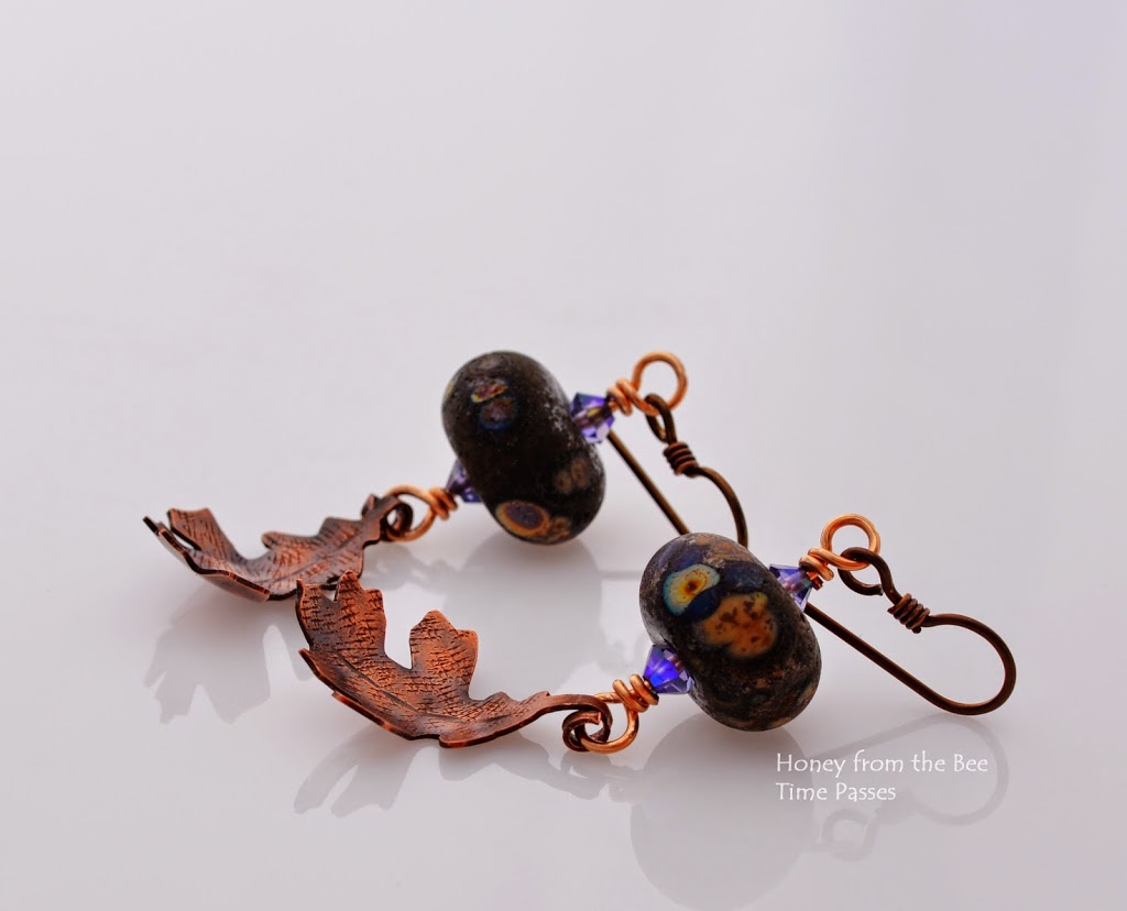 Raku Lampwork and forged copper leaf earrings