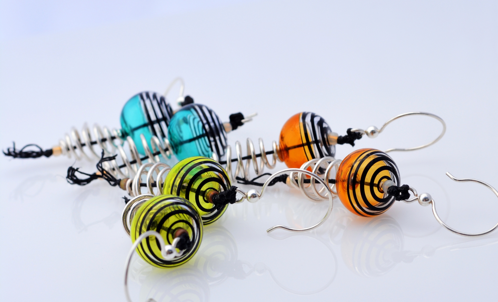 Sterling Silver wire and lampwork earrings - Spirals