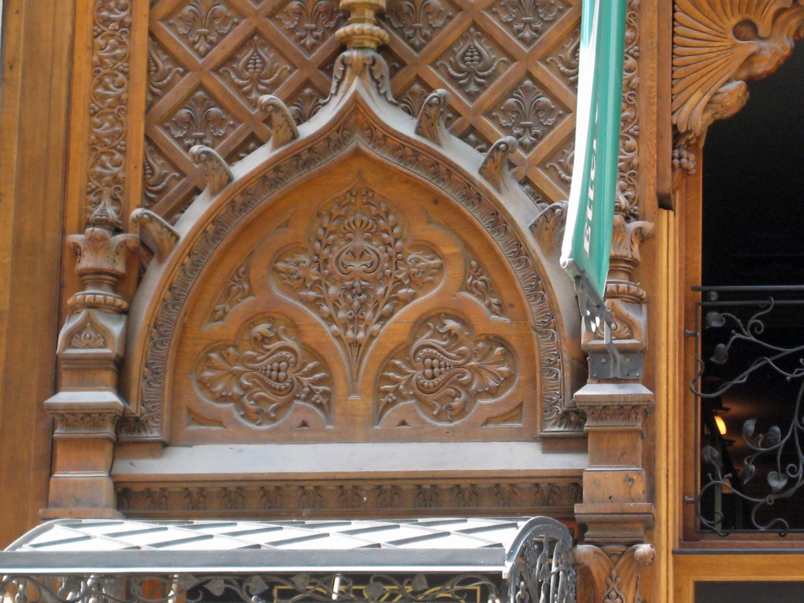 Close up of woodwork on Vaci Utca building, Budapest, Hungary