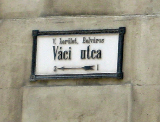Vaci Utca road sign, Budapest, Hungary