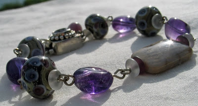 Fossilized coral agate, lampwork and amethyst bracelet by Honey from the Bee