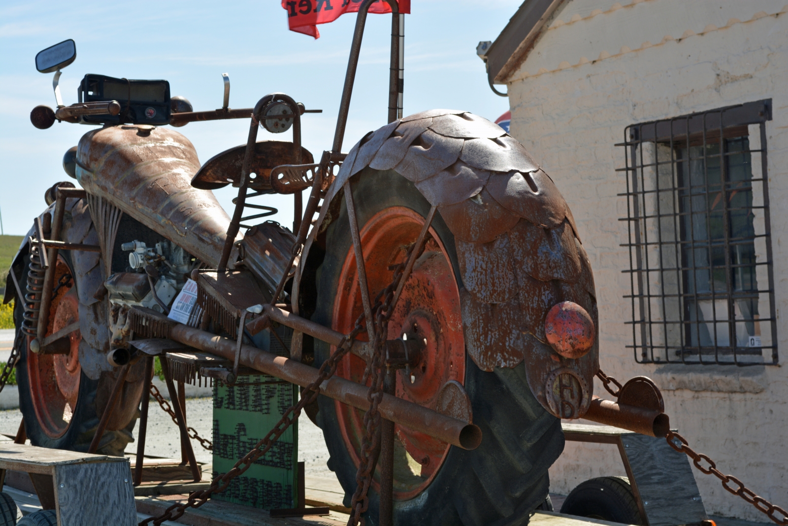 Motorcycle sculpture made from shovels