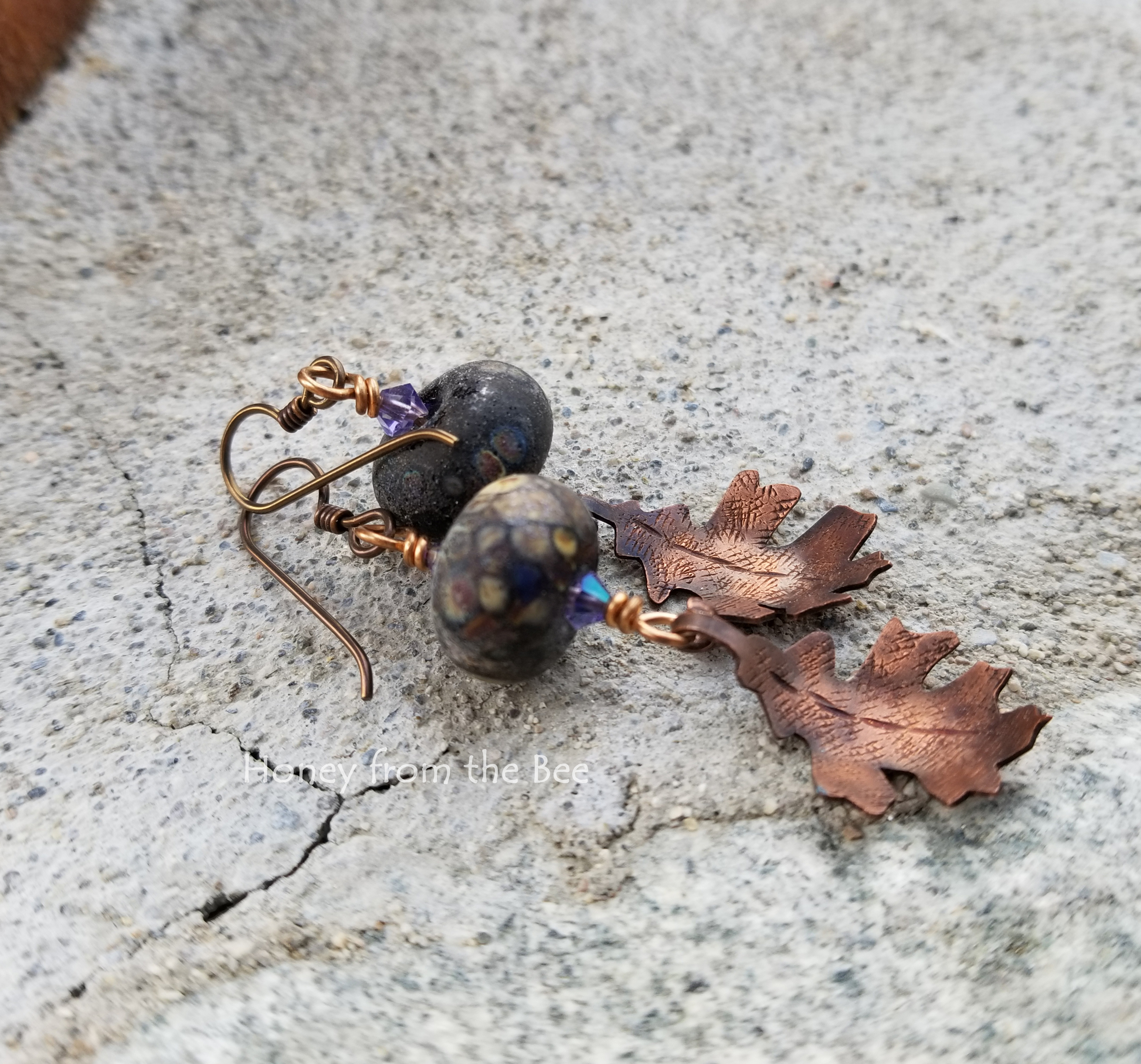 Lampwork and copper leaf earrings