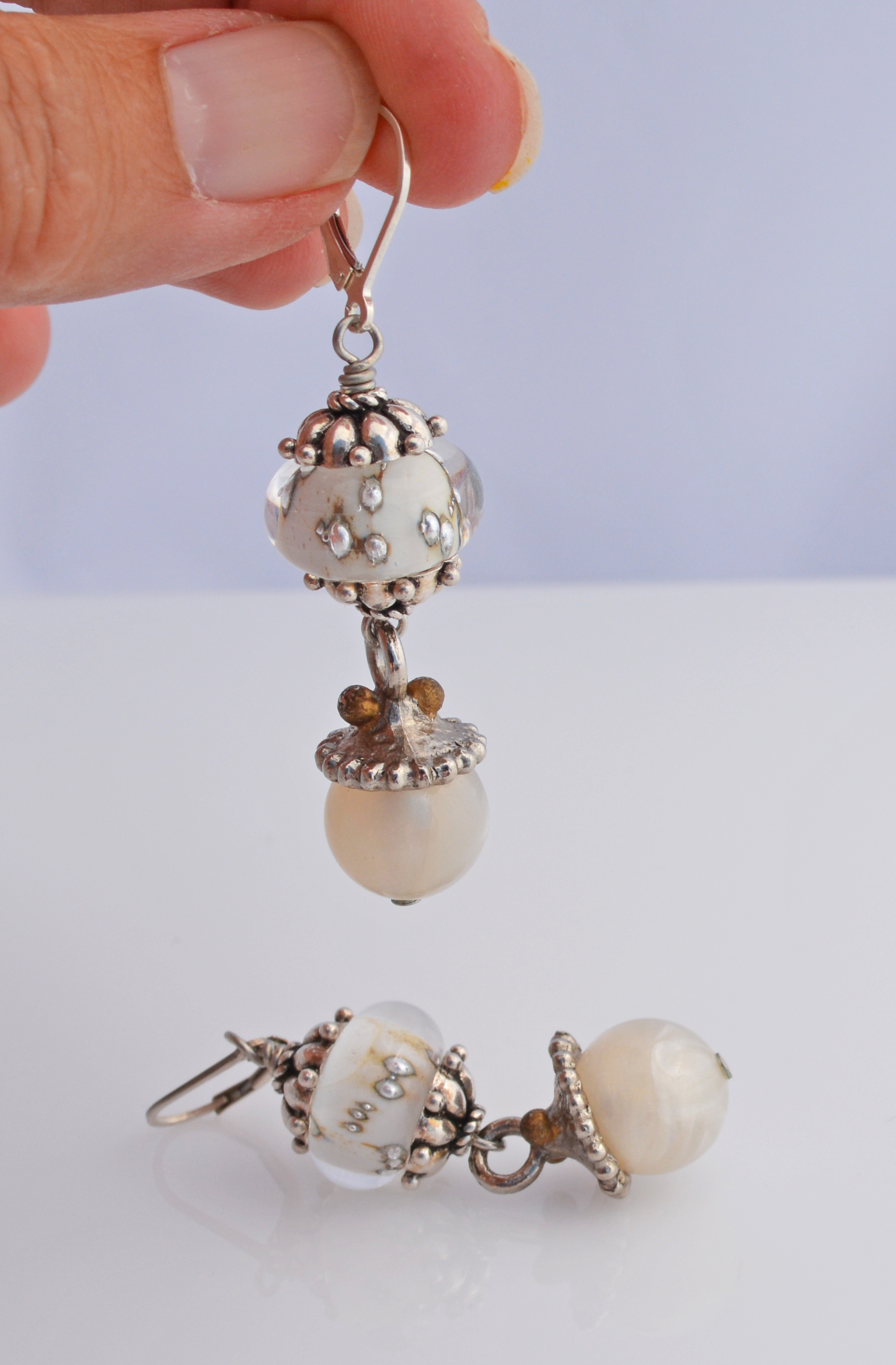 Sterling Silver and white lampwork earrings