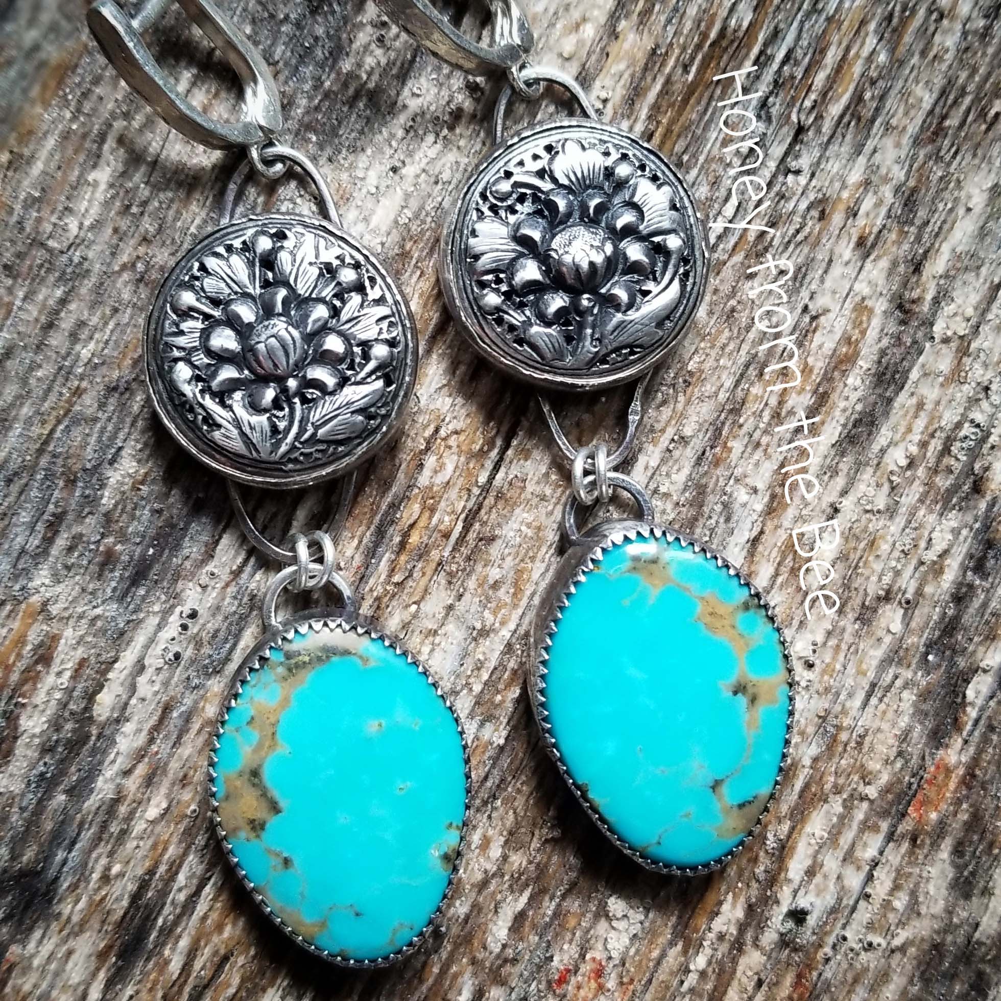 Antique sterling silver button earrings with Kingman Turquoise