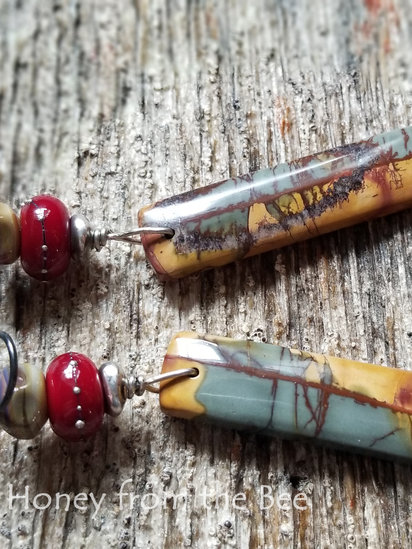 Bloodline Earrings features Red Creek Jasper, lampwork
