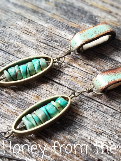 Collective Consciousness earrings features turquoise, brass and ceramic