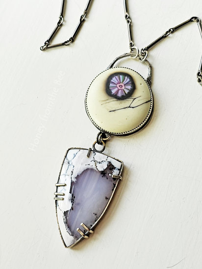 Crater Lake National Park pendant features Dendritic Opal, lampwork and sterling silver