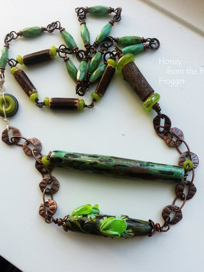 Frogger necklace features lampwork, ceramic, wood, chain