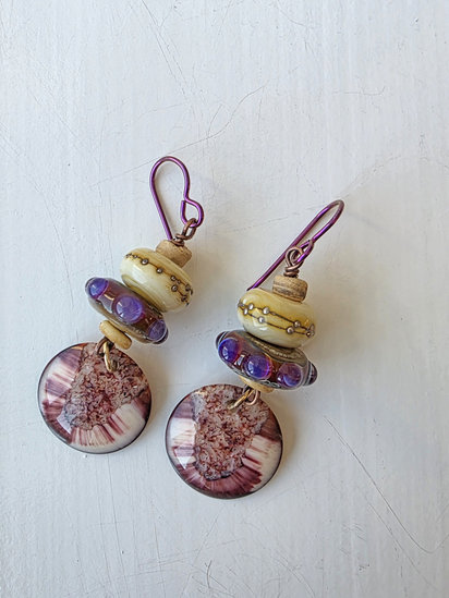 Internal Fire earrings features lampwork and spiny oyster shell
