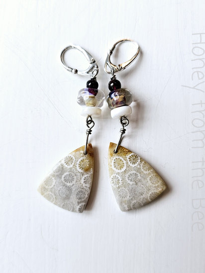 Mountain Holly earrings features fossilized coral agate, lampwork, garnet