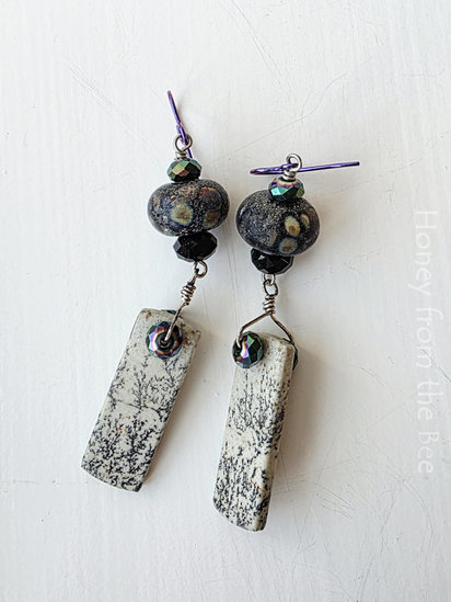 Night Moves earrings features lampwork and Sapling Jasper