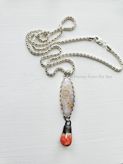 Orange Julius pendant features ocean jasper, ceramic drop, sterling silver