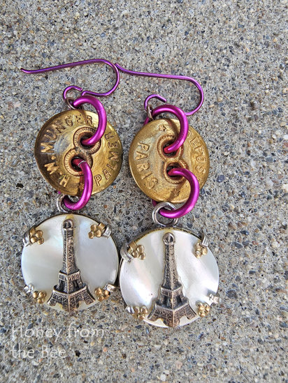 Paris Earrings features antique buttons and souvenir charms