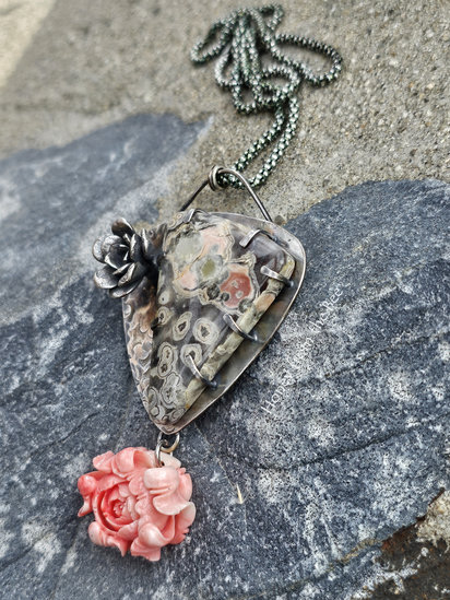Peony necklace features ocean jasper, shell, sterling silver