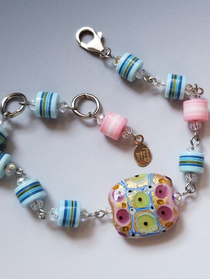 Peonies bracelet features lampwork, vintage acrylic