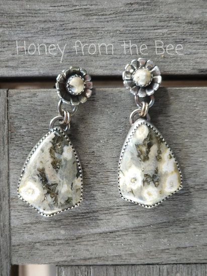 White Peonies earrings feature ocean jasper set in sterling silver