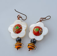 Mother of Pearl, Lampwork Garden earrings, copyright Honey from the Bee
