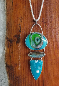 One of a kind art pendant features Inspiration Mine chrysocolla, labradorite, art glass, pearl, and sterling silver