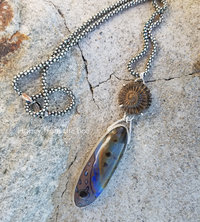 Ammonite and ceramic pendant in blue and bronze