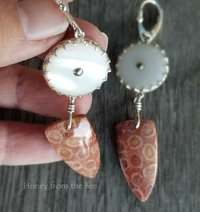 Vintage mother of pearl buttons with red gemstone earrings