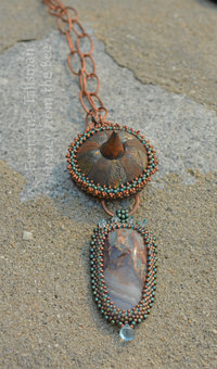 One of a kind Boho style pendant features bead embroidery and Prudent Man Plume Agate cabcohon