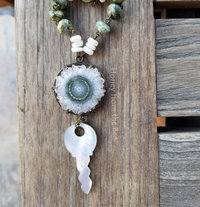 Jasper and Mother of Pearl necklace features vintage key with mother of pearl