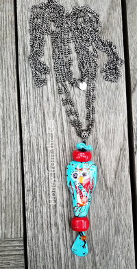 Tunic length red and turquoise necklace