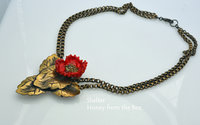 Vintage brass and red poppy lampwork necklace