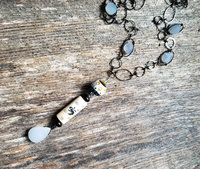 Blue Chalcedony necklace with lampwork and carved bone
