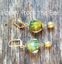 Gold and green lampwork earrings