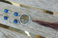 Star necklace with ceramic focal and blue beads with leather tassel