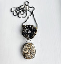 One of a kind boho style pendant with fossilized coral agate and crystal and brass button