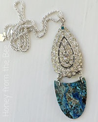 Upcycled rhinestone pendant with chrysocolla