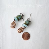 Turquoise earrings with aqua lampwork and copper dangle