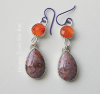 Confetti Agate teardrop below Carnelian earrings