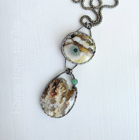 Art necklace in cream, brown and green featuring art glass, Regency Plume Agate and chrysoprase