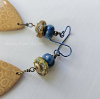 Lampwork earrings in blue and yellow with fossilized coral agate