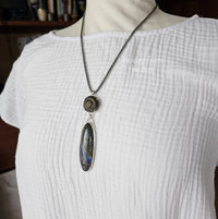 Blue and Bronze pendant - one of a kind - on model