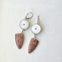 Fossilized Coral Agate earrings with antique MOP button