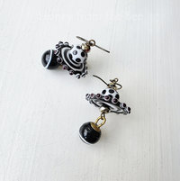 Lampwork earrings in black and white with crystals and antique buttons