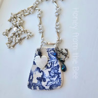 Blue and White Sea Pottery necklace with sterling silver anchor charm and MOP heart