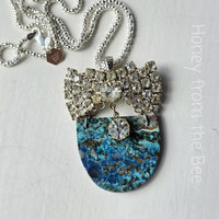 Chrysocolla pendant with vintage rhinestone bow