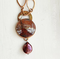 Crazy Lace Agate necklace with red coin pearl dangle