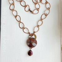 Crazy Lace Agate necklace with copper and red pearl
