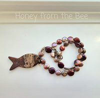 Red Rose and tan necklace features coin pearls and ocean jasper